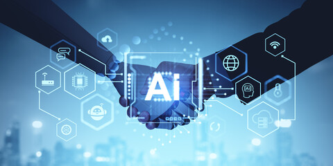 Poster - Human and robot handshake, AI chip hologram and futuristic technologies icons