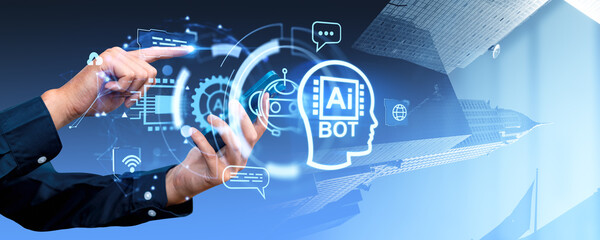 Poster - Man finger touch smartphone, AI technology hologram icons with cityscape