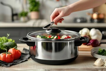 Person cooking with slow cooker, vegetable scooping