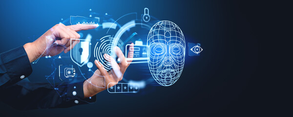 Poster - Woman finger touch smartphone, face id hologram with icons