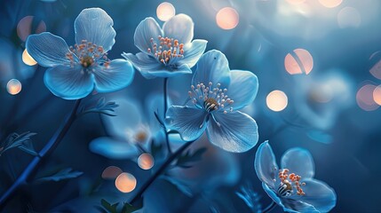 Wall Mural - A close up of three blue flowers with a blurry background
