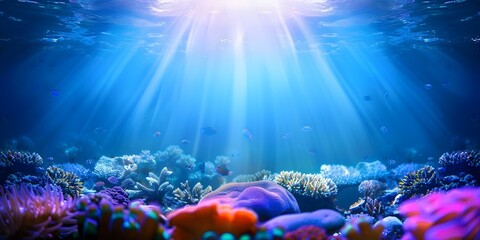 Wall Mural - Sunlight creates a vibrant underwater coral kingdom teeming with fish. Concept Underwater Photography, Marine Life, Vibrant Coral Reefs, Fish Species, Sunlight Effects