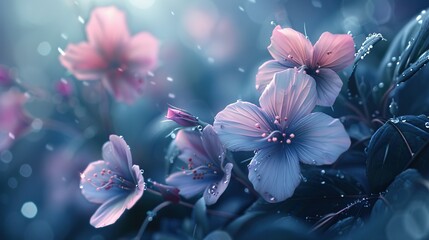 Wall Mural - A close up of a bunch of pink flowers with a blue background