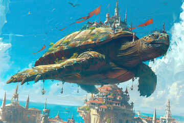 Wall Mural - Soaring in the sky turtle with a castle