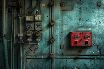 Poster - A red switch box sits atop a blue wall, providing a pop of color and interest