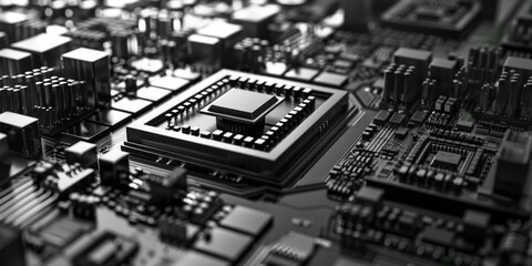 Poster - a close-up shot of a computer motherboard in black and white