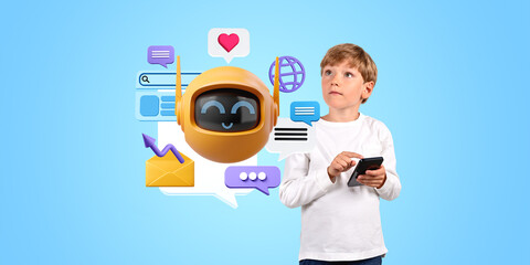 Wall Mural - Kid using smartphone having a conversation with virtual assistant