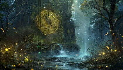 Wall Mural - a forest with a large clock in the middle by ai generated image