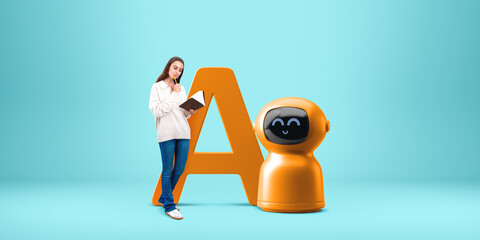 Poster - Woman student near AI robot, education and virtual assistant concept