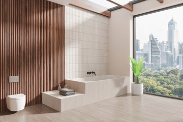 Poster - Modern bathroom with a bathtub, wooden panel wall, large window with city view, and potted plant. Light-colored minimalistic interior design. 3D Rendering