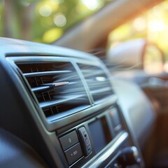 Wall Mural - Close up of car air vent emitting a refreshing cool blue stream of air in detail