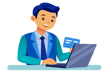Aufkleber - A close-up photo of a body part The hands of a young male office worker in a blue shirt are holding a credit card and typing on a laptop keyboard modern flat design simple vector illustration