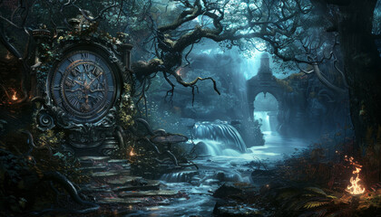 Wall Mural - a dark forest with a large clock tower in the middle by ai generated image