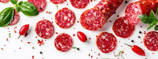 Sliced Salami and Fresh Basil Leaves on White Background.