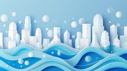 Wall Mural - abstract white and blue city skyline with waves in art paper with bubbles