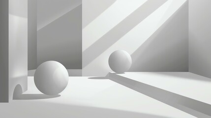 Wall Mural - 3D rendering of a simple and clean room with two spheres. The room is bathed in soft light and has a minimalist feel.