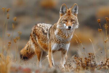  A Ethiopian wolf trotting across the highlands, its slender, reddish body and pointed ears keenly alert to its surroundings. 