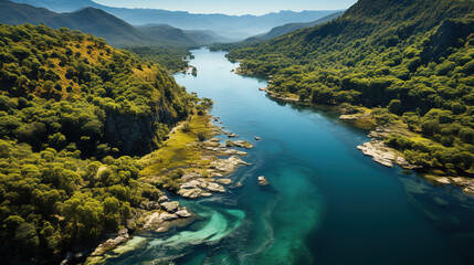 Sticker - Beautiful Tranquil River Flowing Through Verdant Forest Aerial View Of Landscape Background