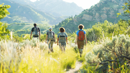 Wall Mural - A group of young friends hiking in the mountains