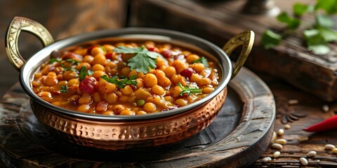 Wall Mural - Kidney Bean Curry in a Copper Bowl A Cozy Indian Home Setting. Concept Indian Cuisine, Cozy Home Setting, Vegetable Curry, Copper Utensils, Kidney Beans