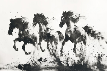 Black horses traditional Chinese ink painting on white background. 