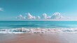 © Jammy - Serene beach with gentle waves crashing on the shore under a clear blue sky with fluffy white clouds, perfect for relaxation and calmness.