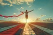 © Amemage - A runner crosses the finish line, arms raised in victory. The sun sets in the background, casting a golden glow over the scene.