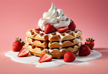 Wall Mural - Dynamic composition of a Belgian waffle topped with whipped cream, strawberries and sprinkled with powdered sugar.