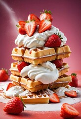 Wall Mural - Dynamic composition of a Belgian waffle topped with whipped cream, strawberries and sprinkled with powdered sugar.