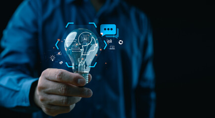 Poster - Ai tech, businessman show virtual graphic Global Internet connect with AI data analyst, Artificial Intelligence. Using command prompt for calculate something, Futuristic technology transformation.