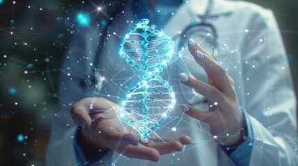 Medical technology. Doctor holding health icon with dna, electronic medical record. Digital healthcare and research with global network connection on hologram virtual screen.AI generated image