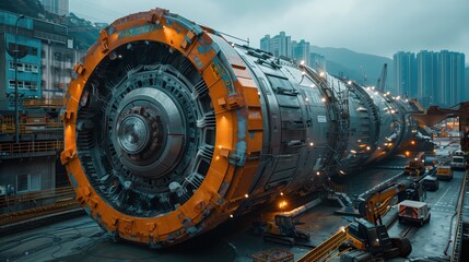 Wall Mural - Tunnel Boring Machine in Urban Construction Project. Massive tunnel boring machine at an urban construction project site, surrounded by buildings and heavy machinery in a busy city.
