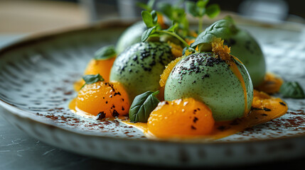 A Minimalistic Contemporary Gourmet Food A Dessert Of Matcha Truffles with an Orange Coulis On Blurry Background