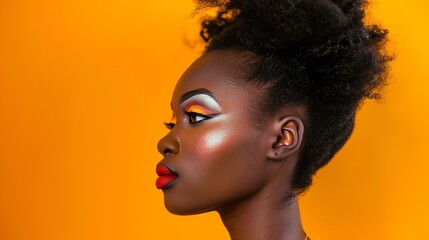 A stunning close-up portrait of a young African woman with bright and colorful makeup. She is looking away from the camera with her eyes closed.