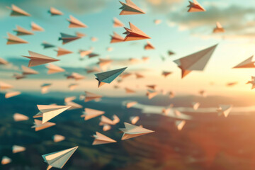 A flock of paper airplanes soaring through the air, symbolizing simple ideas taking flight 
