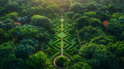 Wall Mural - Aerial view of chevron pathways in a lush green maze garden. The chevron patterns create a striking visual against the dense greenery, offering a captivating view from above. 
