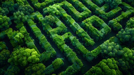 Wall Mural - Aerial view of chevron pathways in a lush green maze garden. The intricate chevron patterns cut through the dense greenery, creating a captivating visual from above.