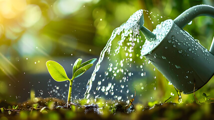 Wall Mural - Closeup watering can pouring water on green plant. Agriculture and gardening, planting, seeding growing concept. Beautiful drops of liquid on leaf. Natural background. Freshness growth tree.