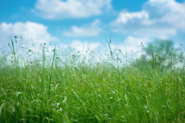 Wall Mural - Spring Grass Field: A Tranquil View of Fresh Green Grass under Blue Sky