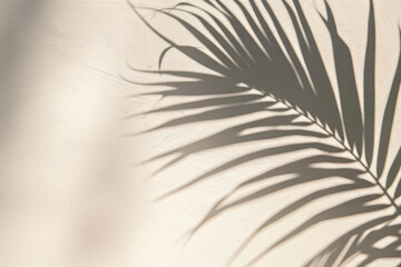 Poster - Tropical palm leaf shadow falling on beige concrete wall, creating a calm and relaxing atmosphere