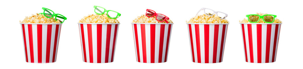 Wall Mural - Paper striped bucket with popcorn and 3D glasses isolated on white background