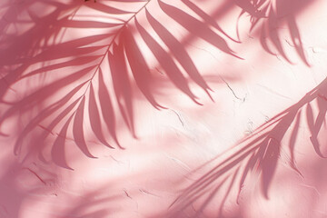 Poster - Sunlight casting shadows of palm leaves on a pink wall, creating a serene atmosphere with a touch of nature in a modern interior