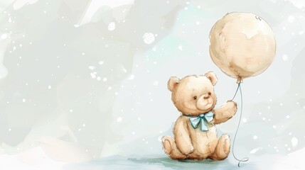 Wall Mural - Adorable watercolor teddy bear cuddles a balloon in a charming illustration set, perfect for your whimsical designs.