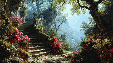 Wall Mural - Beautiful Staircase or Stone Steps Of An Ancient Fortress In Forest Landscape Background