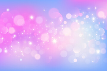 Poster - Rainbow unicorn background. Pastel glitter pink fantasy galaxy. Magic mermaid sky with bokeh. Holographic kawaii abstract space with stars and sparkles. Vector