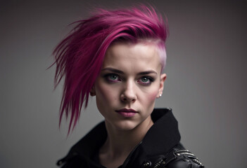 Wall Mural - portrait of a girl in a punk outfit with pink hair shaved on the side, isolated white background