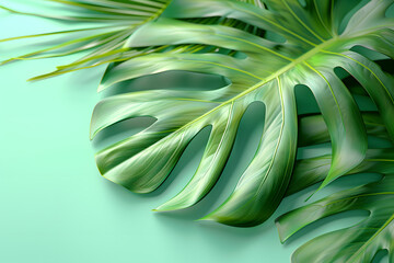 Wall Mural - Close up of a tropical plant leaf on a vibrant green background