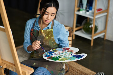 Wall Mural - A young Asian woman artist mixes paint on a palette in her workshop.