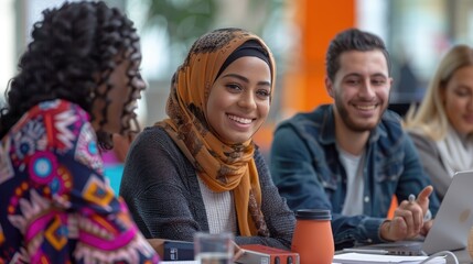 Diverse group of young professionals engaging in a cheerful discussion in a modern office setting with laptops and coffee.