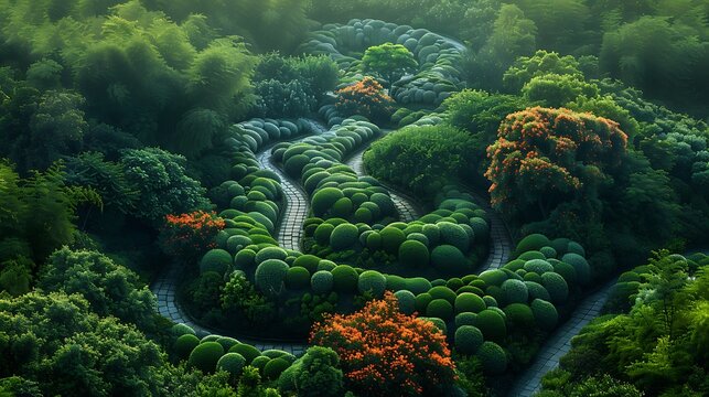 An artistic aerial depiction of chevron pathways in a lush green maze garden. The chevron paths weave through the vibrant greenery, creating a visually stunning and intricate pattern.